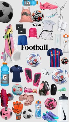 a collage of different sports items including shoes, gloves and water bottles with the words football on them