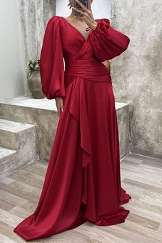 F00237697-113 Satin Evening Gown, Deep V Neck Dress, Maxi Dresses Fall, Evening Dresses With Sleeves, Dress Sleeve Styles, Puff Sleeve Dresses, Maxi Dress Formal, Maxi Dress Evening, Satin Maxi Dress