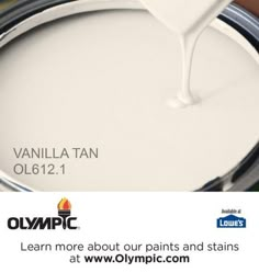 a can of white paint being poured on top of it with the words, pearls and lace oll 726 1 learn more about our paints and stains at www olympic com