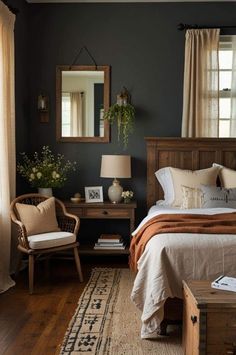 Not White Bedroom Ideas, Bedroom Inspirations Natural Tones, Bedroom Makeover Paint Wall Colors, Beautiful Cottage Bedrooms, Refined Home Decor, Farmhouse Bedroom Dark Walls, Rust Black And Cream Bedroom, Bedroom Decor Dark Walls, Dark Bedroom Walls Cozy