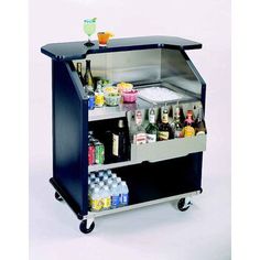 a black and silver bar cart with drinks on it's top, two shelves