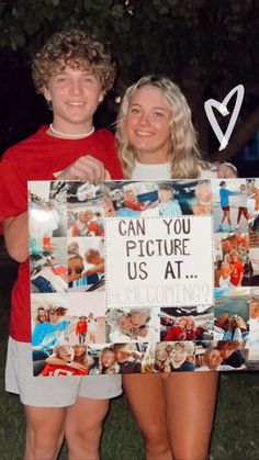 two people standing next to each other holding up a sign that says can you picture us at?