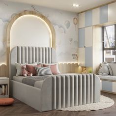 a bedroom decorated in pastel tones and modern decor, including a bed with an arched headboard