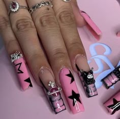 Retro Nails, Grunge Nails, Colored Acrylic Nails, Y2k Nails, Dope Nail Designs, Acrylic Nails Coffin Pink, Long Square Acrylic Nails, Black Nail, Bling Acrylic Nails