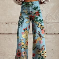 Moda Denim, Floral Trousers, Printed Wide Leg Pants, Vintage Pants, Pantalon Large, Loose Pants, Women Pants Casual, Look Plus