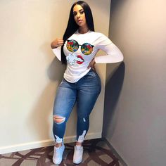 Cartoon Positioning Printed Long Sleeve Round Neck T-shirt Crop Top Casual, Graphic Tops, Wholesale Clothing, White Long Sleeve, T Shirt Top, Printed Shorts, Fashion Prints, Women Long Sleeve, Neck T Shirt