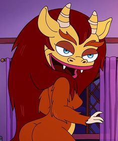 an animated cartoon character with horns and big eyes sitting in front of a bed, looking at the viewer