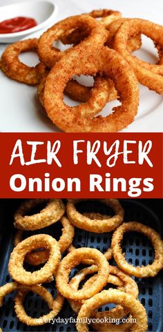 air fryer onion rings with ketchup on the side