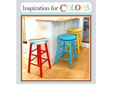 an image of three stools that are painted blue and yellow with the words inspiration for colors