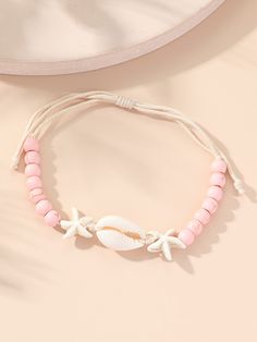 Pink Fashionable Collar  Plastic   Embellished   Women's Fashion Jewelry Pink Beaded Bracelets, Beach Bracelets, Clay Bracelet, Diy Bracelet Designs, Beads Bracelet Design, Summer Bracelets, Shell Bracelet