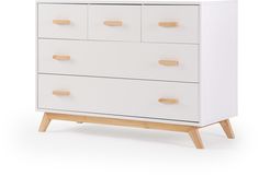 a white dresser with wooden handles and drawers