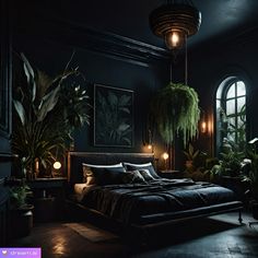 a bed in a dark room with potted plants