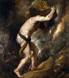 a painting of a man climbing up a mountain