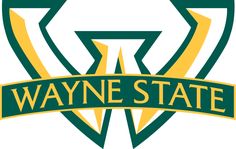 the wayne state logo is shown in green and gold, with an arrow above it