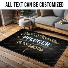 an all text can be customized rug with the name and image in gold on black