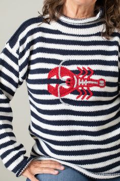 Celebrate Maine, the sea, and discovery with this fun lobster sweater! Featuring classic nautical stripes and a bright red Maine lobster, this cozy alpaca sweater is perfect for cold winter nights and beyond. Whether you're sailing the open waters, relaxing by the fire, or shredding the local slopes, this nautical sweater is ready for any adventure. Mex and Match with your mini me with our Kids' Striped Lobster Alpaca Sweater Did we mention these cozy "alpacryclic" sweaters are unisex and make t Lobster Knit Sweater, Duffy Boat, Fun Sweaters, Lobster Sweater, Nautical Clothing, Nautical Sweater, Nautical Accessories, Maine Lobster, Recycled Sari Silk