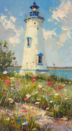 an oil painting of a lighthouse on the shore with wildflowers in front of it