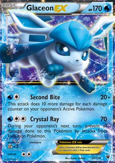 the pokemon trading card features an image of a blue and white animal with glowing eyes