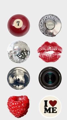 various objects are arranged in the shape of hearts and lips, including a mirror ball