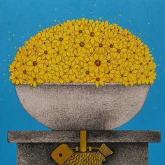 a drawing of a bowl full of yellow flowers and a fish on top of it