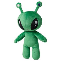 a green stuffed animal with black eyes and an eye patch on it's face