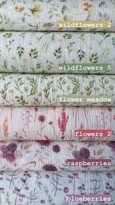 four different types of flowered fabrics are stacked on top of each other, with the words wildflowers written below them