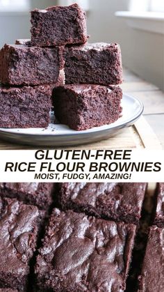 chocolate brownies stacked on top of each other with text overlay reading gluten - free rice flour brownies