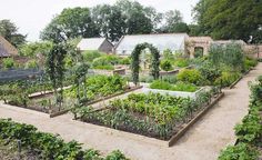 an outdoor garden with many different types of plants and vegetables in the center, surrounded by brick buildings