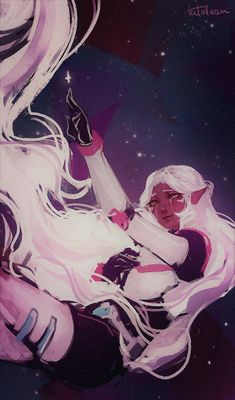 a woman with long white hair sitting on top of a bed next to a star filled sky