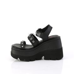 4 1/2" Wedge Platform Black Vegan Leather Ankle Strap Sandal | Demonia SHAKER-13 1920s Shoes, Demonia Boots, Alternative Shoes, Demonia Shoes, Festival Shoes, Punk Boots, Pleaser Shoes, Gogo Boots, Cosplay Shoes