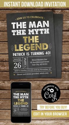 Look for a quick and convenient birthday invitation for him? This "The Man, The Myth, The Legend" invitation is an instant download that you can edit and print or send straight away! The Man The Myth The Legend Party, The Man The Myth The Legend Party Ideas, 50th Birthday Invites For Men, Male 50th Birthday Party Ideas For Men, Men Birthday Party Theme, 50th Birthday Men, 50th Birthday Party Ideas For Men, 59 Birthday, Birthday Menu