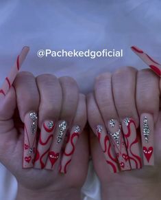 Red swirls, red hearts with minimal bling Red Swirl Nails, Red Baddie Nails, Cute Red Nails, Tiffany Nails, Valentines Nail Art Designs, Flare Nails, Vday Nails, Valentine Nail Art, White Acrylic Nails