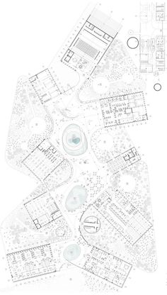 an architectural drawing shows the layout of a building and its surrounding area, with several different areas