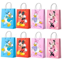 mickey mouse bags are lined up in different colors and designs, with the characters on them