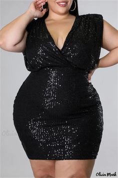 Olivia Mark - Blue V-Neck Sleeveless Dress with Sequined Back for Plus Size Women V Neck Sleeveless Dress, Style Bleu, Tight Black Dress, Black Sequin Mini Dress, Mini Prom Dresses, Sequin Outfit, Elegant Party Dresses, Dress Sleeve Styles, Style Noir