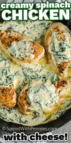 creamy spinach chicken with cheese in a skillet