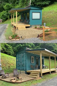 two small houses built into the side of a hill, one is made out of shipping containers