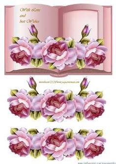 an open book with pink flowers on it