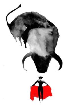 an abstract painting with black and white colors on the bottom half of it, depicting a woman standing in front of a bull's head