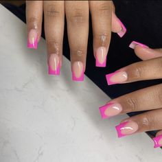 Neon Pink French Tips, Hot Pink French Tip Nails, Hot Pink French Tips, Xoxo Nails, Beginner Nail Designs, Pink French Tip, Pink French Nails