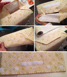 four pictures showing how to make an envelope