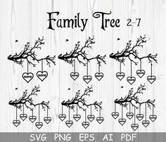 family tree with hearts hanging from it on a white wooden background for svg files