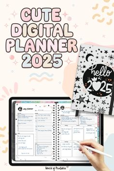 a notebook with the words cute digital planner 205 on it and a hand holding a pen