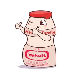 a bottle with the word yakult on it and an image of a person holding their hand up to his mouth