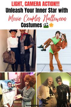 some people are dressed up in costumes and posing for pictures with the caption light camera action, unleash your inner star with movie couples halloween costumes