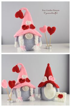 crocheted gnome house with hearts on top