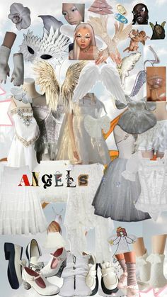 a collage of white dresses, shoes and accessories with the word angel on them