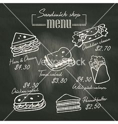 the menu for sandwich shop on chalkboard with hand drawn food and drink items, including sandwiches