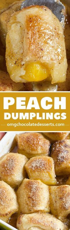 peach dumplings in a baking dish with text overlay