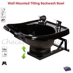 an image of a black bowl sink with mountings on the wall and below it